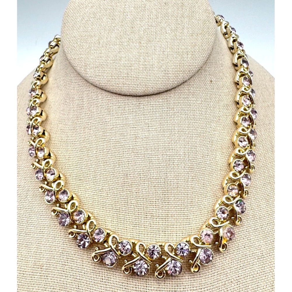 Vintage Coro Necklace Pink Rhinestone Love Knot Choker Gold Tone MCM